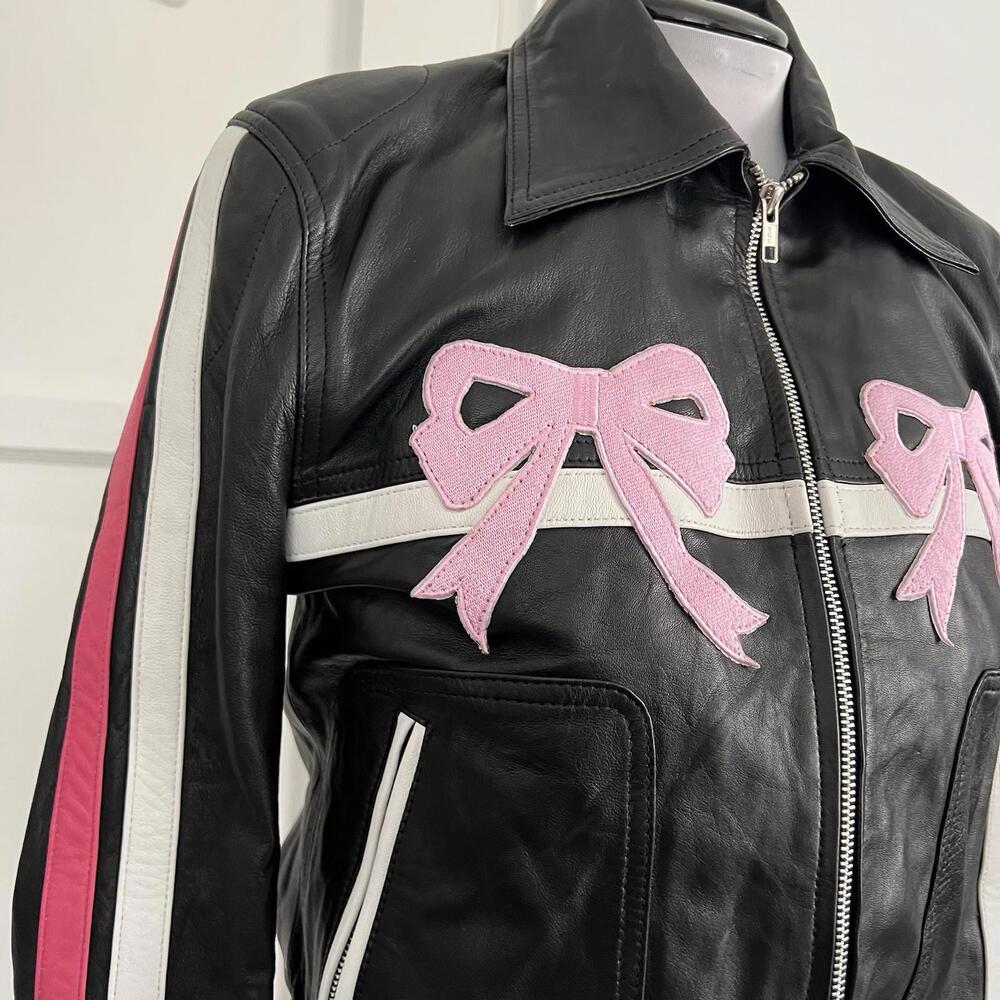 Jackets Junction Real Leather Bomber Jacket M Black Pink Bow Coquette Biker - Picture 3 of 9